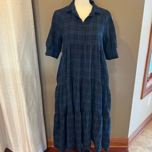 Natural Life Rebecca Flannel Midi Dress Blue Plaid Tiered, Size Small